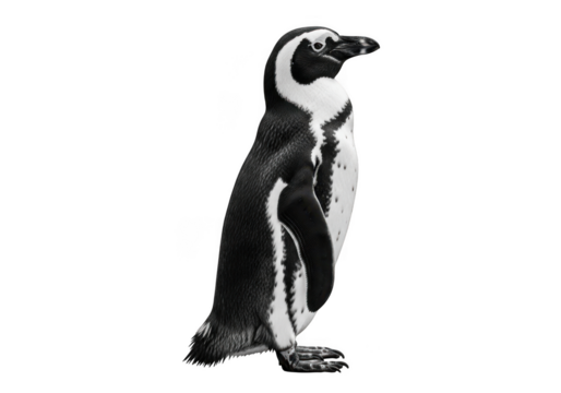 Majestic penguin standing tall against a dark moody backdrop in black and white isolated on transparent background - Powered by Adobe