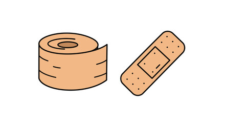 The image displays a roll of tan tape and a tan bandage both outlined in black