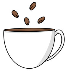 White coffee cup with flying coffee beans, representing morning energy, cafe lifestyle, and relaxation.