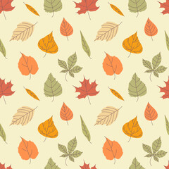 Autumn pattern with different leaves. Vector seamless texture.