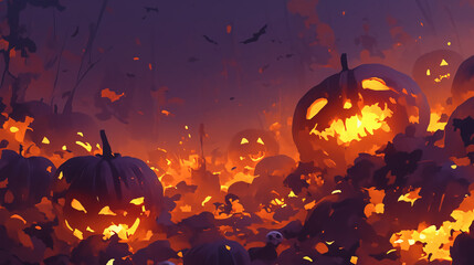 A spooky Halloween scene with orange pumpkins scattered in the dark, glowing faintly