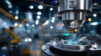 Soft-focus image of vacuum filtration system in operation, blurred factory interior highlighting clean air flow, with copy space.