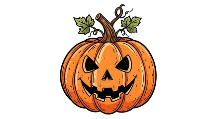 Spooky jack o lantern pumpkin with vine leaves for halloween celebration and autumn holidays illustration

