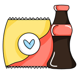 Illustration of snack pack and soda bottle, representing fast food and casual lifestyle.