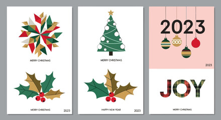 Festive Christmas Card Trio Modern Designs with Geometric Shapes, Tree, and Joyful Greetings for 2023