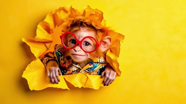 Curious monkey in floral shirt and red glasses playfully peeking through yellow background
