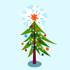 Christmas tree with glowing star topper and colorful baubles. Green branches decorated with garland lights on blue background. Festive winter holiday decoration. Vector illustration.