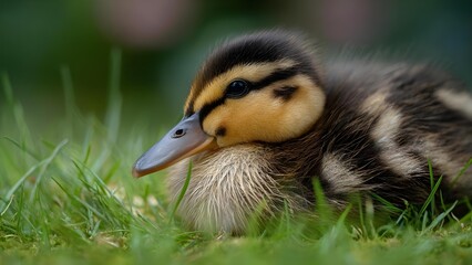 A close-up of a fluffy mallard duckling with a striped face resting on green grass. Concept Close-up duckling portrait, Fluffy mallard features, Striped face detail, Resting on green grass