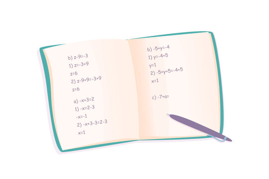 Open math notebook with equations. Flat vector illustration of exercise book with solved algebra problems and pen on white background. Study, learning, school, and mathematics education concept.