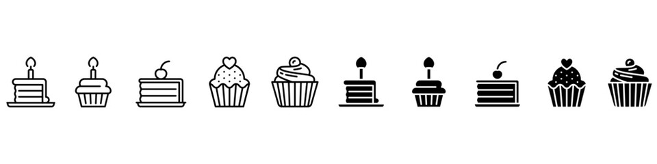 Cake icon vector set. dessert illustration sign collection. sweet symbol. Birthday logo. Bakery web icons.