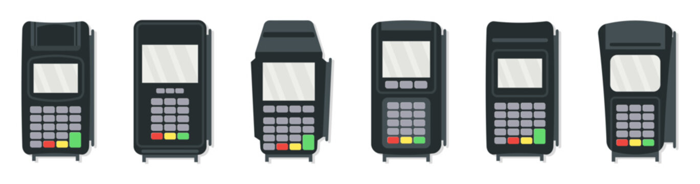 Payment terminal collection with realistic card readers and keypads. POS machine devices for finance, retail, and transaction