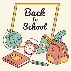 Back to school themed illustration featuring a globe, book, clock, and school supplies on a light background