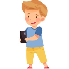 Blonde Haired Boy In Blue T Shirt And Yellow Pants Holds A Black Cell Phone With A White Background