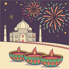 Taj mahal with fireworks and diya lamps in a festive diwali night celebration illustration