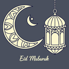 Illustration of eid mubarak with a crescent moon star and lantern on a dark background for celebration