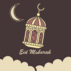 Illustration of eid mubarak with crescent moon lantern and clouds on a brown background design art