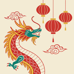 Illustration of a chinese dragon with hanging lanterns and decorative clouds on a light background