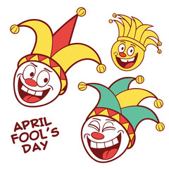 Cartoon illustration of three smiling jester faces with hats for april fool's day celebration art
