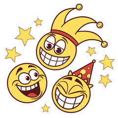 Three cartoon yellow smiley faces with different hats surrounded by yellow stars on a white background