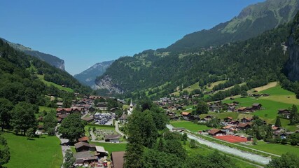 Drone Aerial View of Lauterbrunnen Village and Alpine Mountains, Switzerland, Filmed on July 15,2025