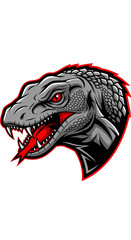Aggressive gray reptile head with red eyes and tongue, fierce mascot design illustration.