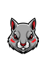 Obraz premium An aggressive gray squirrel head with red eyes, designed as a fierce mascot or esports team logo on a white background.