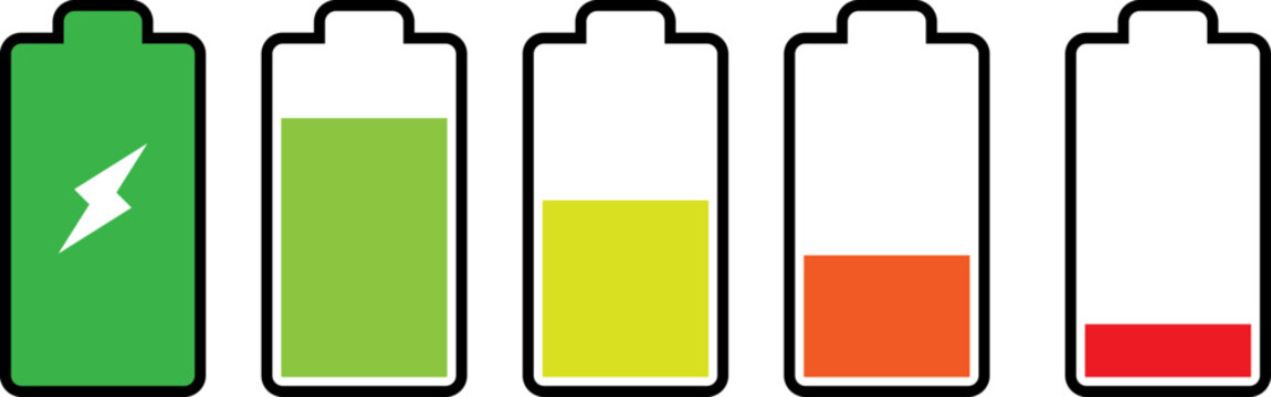 Five battery icons showing charge levels from full to empty