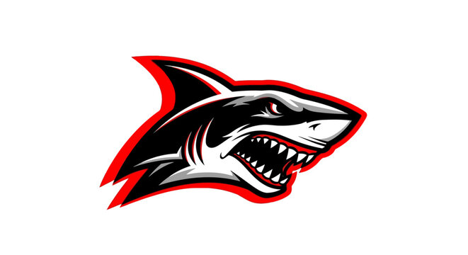 A detailed illustration of a shark head with sharp teeth and a red outline, facing right.