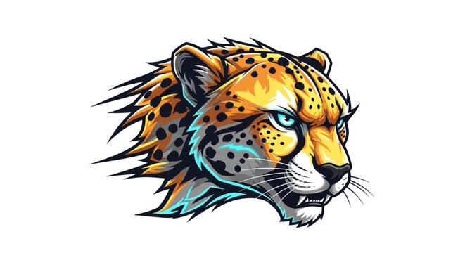 Vibrant and fierce stylized cheetah head with striking blue eyes and dynamic artistic details.