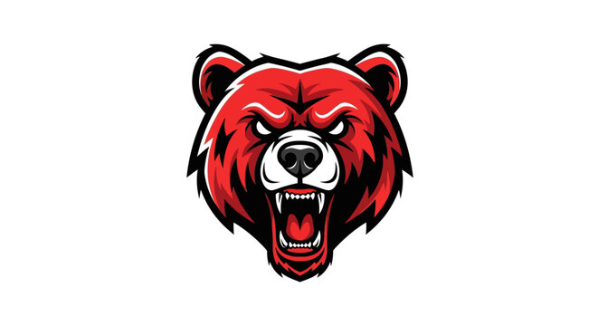 An aggressive red bear mascot head roaring fiercely on a white background.
