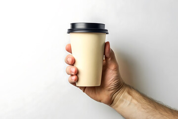 Hand holding Minimalist Blank Kraft Paper Coffee Cup mockup, paper cup. take away kraft coffee cup