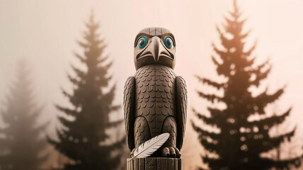 Close-up of Carved Wooden Bird Head Brown Blue Golden Indigenous Spiritual Symbol