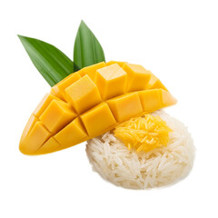 A vibrant culinary presentation featuring diced ripe fruit perched on a bed of fluffy white grains, complemented by leaves