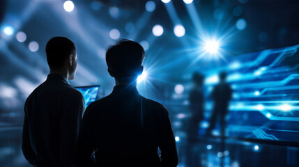 Defocused lights and soft silhouettes of engineers in front of glowing circuit-style digital screen, futuristic academic collaboration mood, with copy space.