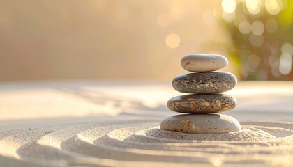 Stacked Zen stones in a peaceful Japanese garden, symbolizing balance, tranquility, and harmony under soft golden light