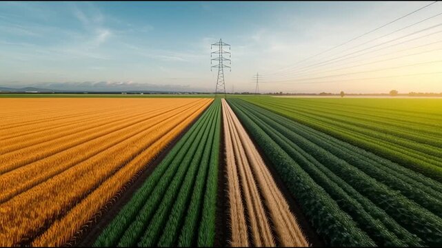 Aerial drone shot of power lines crossing colorful farmland at sunrise, representing sustainable energy and rural development