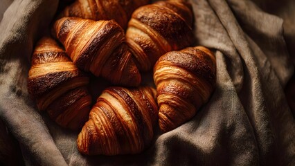 Golden, flaky croissants piled on a textured cloth. Concept Golden Croissants, Flaky Pastries, Textured Cloth, Breakfast Spread, Food Photography