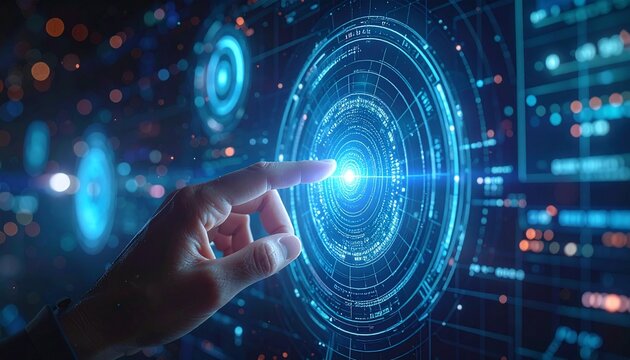 Human finger touching a glowing blue futuristic digital interface for data interaction and analysis