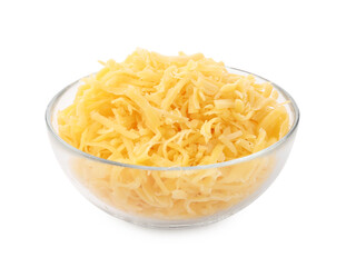 Grated cheese in bowl isolated on white