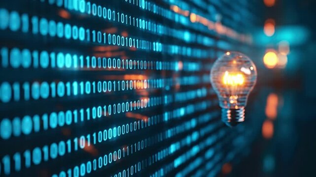 Illuminated light bulb with digital binary code background symbolizing innovation and technology