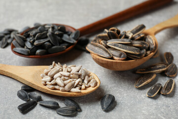 Different seeds in spoons on grey table, closeup