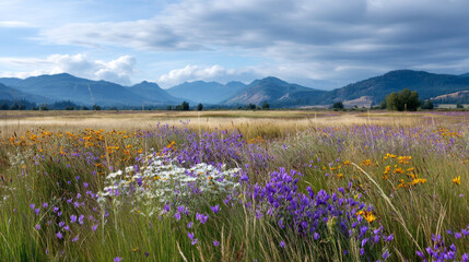 Fototapeta premium A beautiful, sun-drenched spring summer meadow. Natural colorful panoramic landscape with many wild flowers of daisies against blue sky. A frame with soft selective focus.
