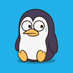 Cartoon Penguin Sitting Anxious on Blue Background