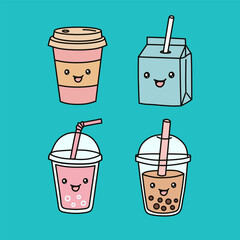 Cute Drinks Cartoon Vector To-Go Cup, Milk Box, Bubble Teas on Teal Background