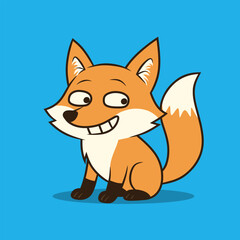 Cartoon Orange Fox Sitting with Silly Grin on Bright Blue Background
