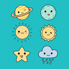 Cute Cartoon Planet Star Cloud Sun Icons on Teal Background