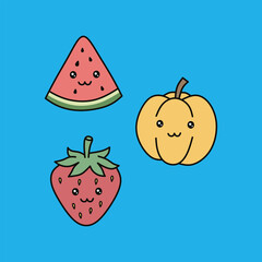 Cartoon Fruits Smiling on Blue Background Strawberry Watermelon Pumpkin