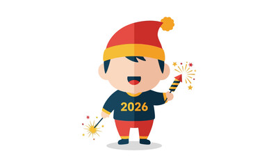 Cute Boy with Fireworks 2026 Illustration