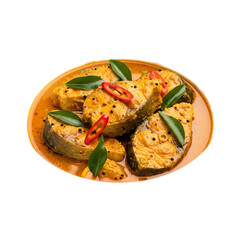 A vibrant, overhead shot displays a flavorful Indian dish of fish steaks simmered in a golden curry with herbs and spices