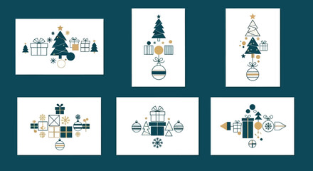 Minimalist Christmas Card Set with Geometric Tree, Gifts and Ornaments in Teal and Gold